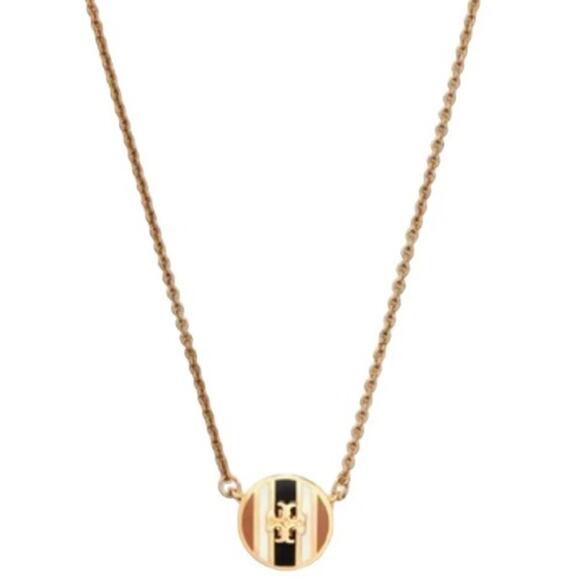 Tory Burch Jewelry - NEW Tory Burch Kira Brown Gold Enamel Pendant Necklace Striped Gift Casual Fall